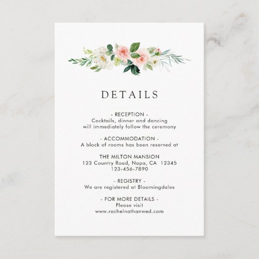 Spring Blush Bloemen Bruiloft Details Behuizing Ka Informatiekaartje (Voorkant)