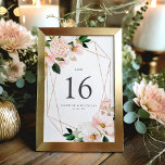 Spring Blush Bloemen Geometrisch Lijst Bruiloft Kaart<br><div class="desc">Elegante,  lente bloemenbruiloft tafel nummerkaarten met waterverf blush roze hortensia's,  weelderige groene bladeren,  en een faux roos gouden geometrische lijst. Personaliseer door het tabelnummer,  uw namen,  trouwdatum,  enz. toe te voegen. Het ontwerp herhaalt zich aan de achterkant. Coördineert met onze Spring Blush Floral bruiloft uitnodiging suite.</div>