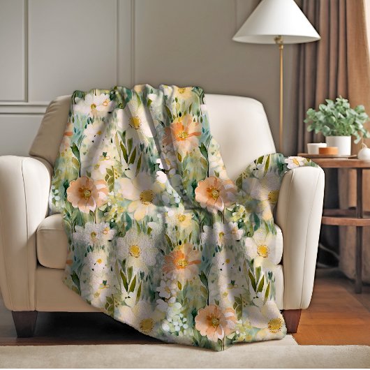 Spring Blush en Perzik Waterverf Floral Botanical Fleece Deken