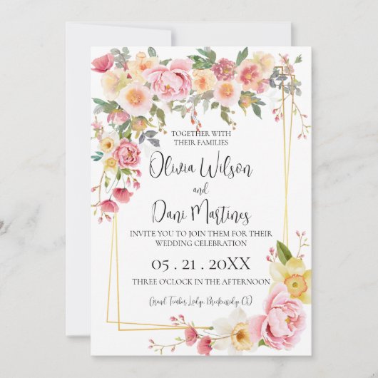 Spring Blush Floral Gold Lijst bruiloft uitnodigin Kaart (Voorkant)
