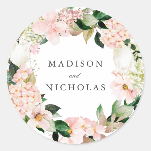 Spring Blush Floral Personalized Wedding Ronde Sticker (Voorkant)