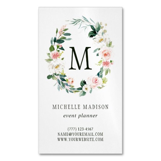 Spring Blush Floral Wreath Monogram Magnetisch Visitekaartje (Voorkant Verticaal)