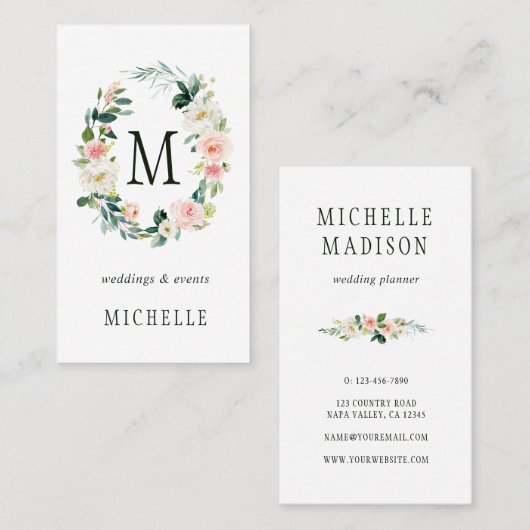 Spring Blush Floral Wreath Monogram Visitekaartje (Voorkant / Achterkant)
