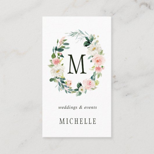 Spring Blush Floral Wreath Monogram Visitekaartje (Voorkant)