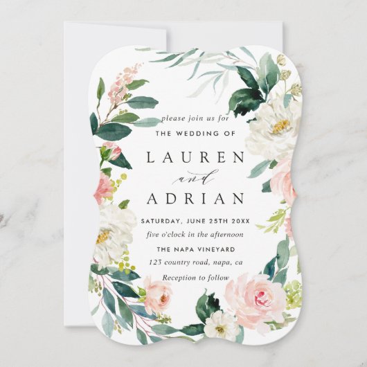 Spring Blush Floral Wreath Wedding Invitation Kaart (Voorkant)