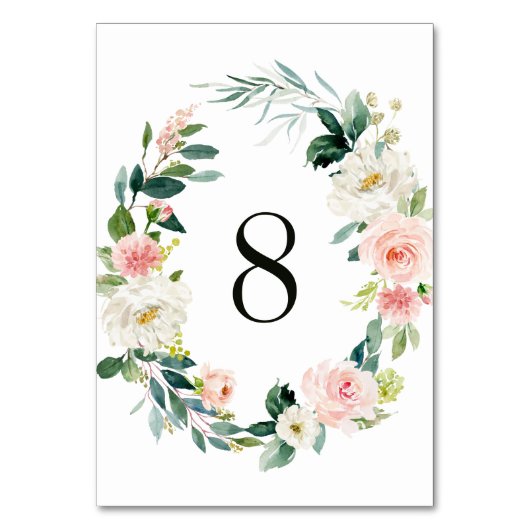 Spring Blush Floral Wreath Wedding Table Number Kaart (Voorkant)