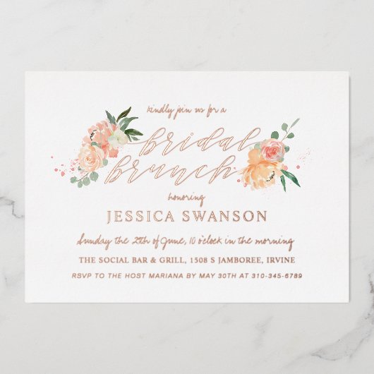 Spring Blush Peach Waterverf Floral Bridal Brunch Folie Uitnodiging (Voorkant)