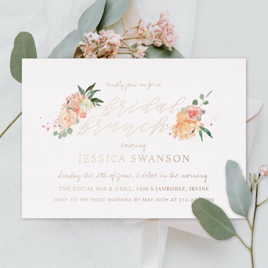 Spring Blush Peach Waterverf Floral Bridal Brunch Folie Uitnodiging