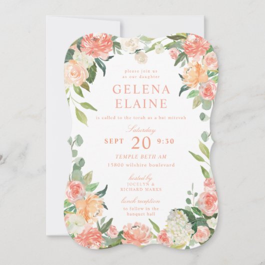 Spring Blush Perzik Waterverf Bloemen Bat Mitzvah Kaart (Voorkant)