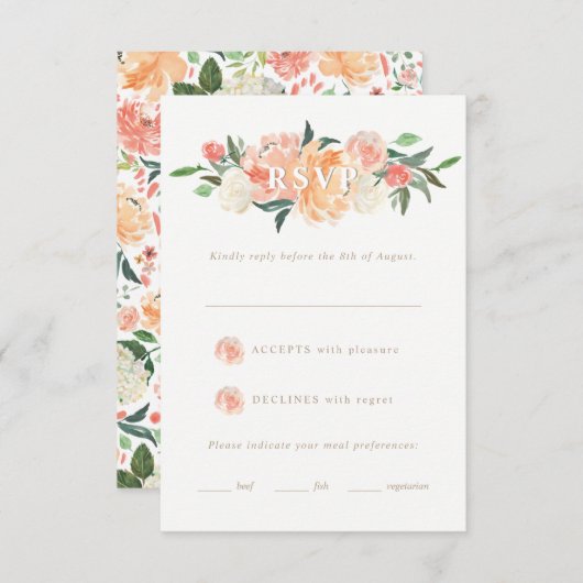 Spring Blush Perzik Waterverf Bloemen Huwelijk RSV RSVP Kaartje (Voorkant / Achterkant)