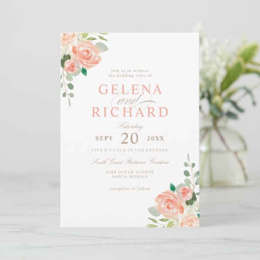 Spring Blush Perzik Waterverf Bloemenbruiloft Kaart (Staand voorkant)