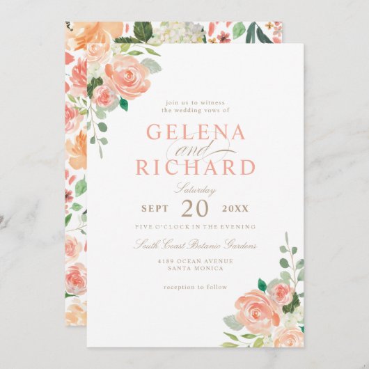 Spring Blush Perzik Waterverf Bloemenbruiloft Kaart (Voorkant / Achterkant)