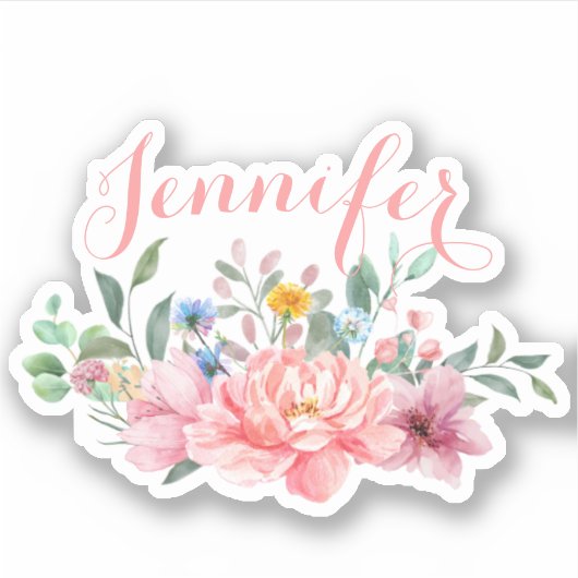 Spring Blush Roze Bloemen Boeket Personaliseer Naa Sticker (Voorkant)