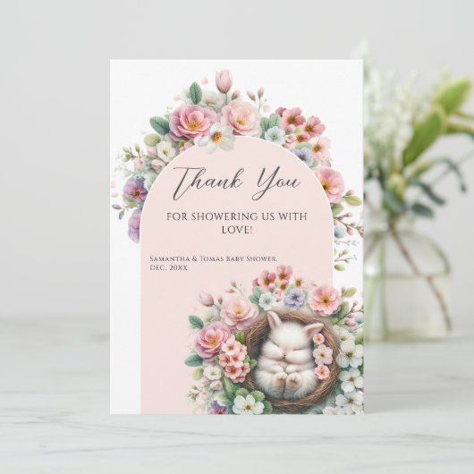 Spring Blush Roze bloemenkonijn Baby Meisje Douche Bedankkaart (Staand voorkant)
