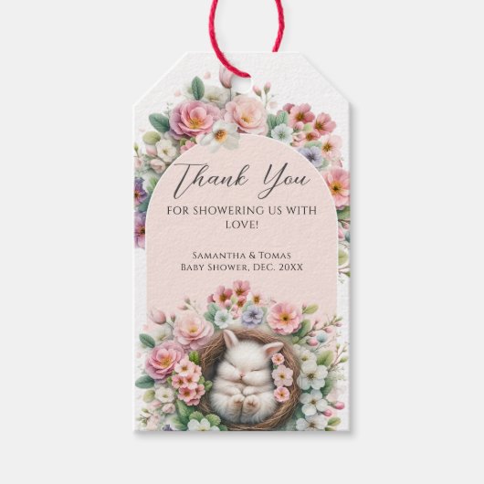 Spring Blush Roze bloemenkonijn Baby Meisje Douche Cadeaulabel (Voorkant)