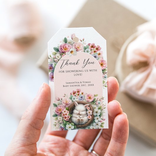 Spring Blush Roze bloemenkonijn Baby Meisje Douche Cadeaulabel