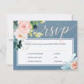 Spring blush roze en stoffige blauwe pioenen bruil RSVP kaartje (Voorkant)