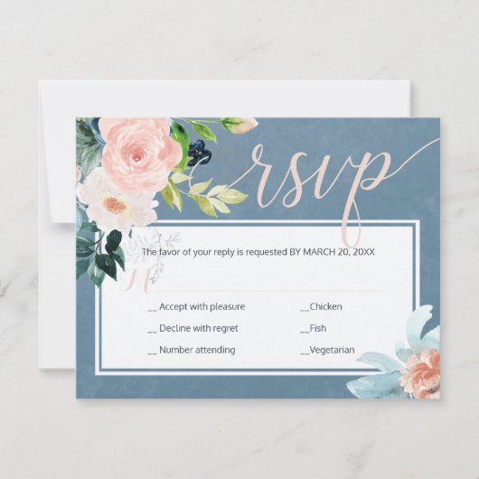 Spring blush roze en stoffige blauwe pioenen bruil RSVP kaartje (Voorkant)