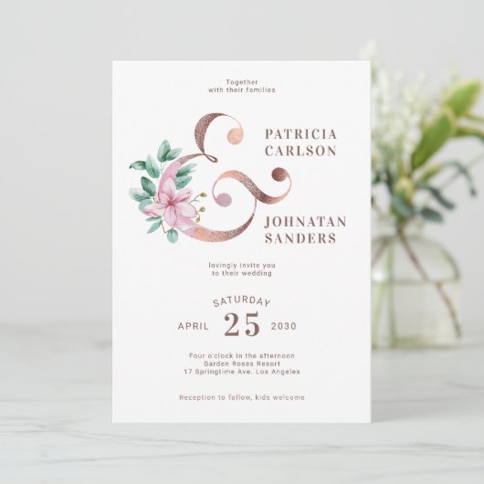 Spring blush roze rose goud bloemenbruiloft kaart (Staand voorkant)