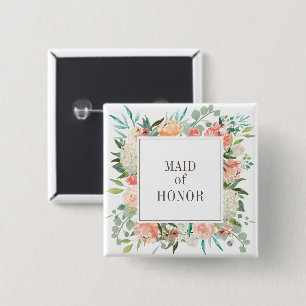 Spring Blush Waterverf Floral Maid of Honor Vierkante Button 5,1 Cm