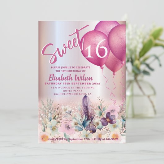 Spring Boho bloemen Girly ballon glitterij Kaart (Staand voorkant)