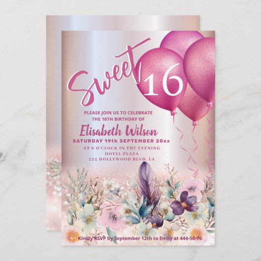 Spring Boho bloemen Girly ballon glitterij Kaart (Voorkant / Achterkant)