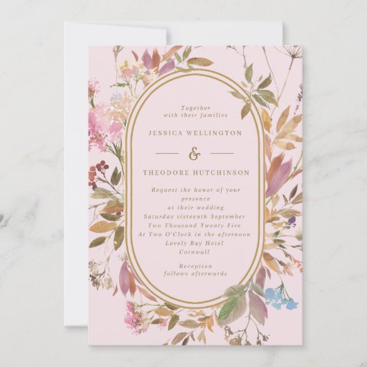 Spring Boho Blush & Gold Wildflower Lijst Wedding Kaart (Voorkant)