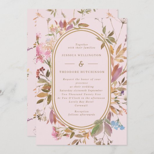 Spring Boho Blush & Gold Wildflower Lijst Wedding Kaart (Voorkant / Achterkant)