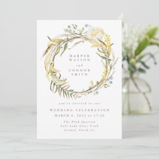 Spring Boho Micro Wildflower Pampas Wreath Wedding Kaart (Staand voorkant)