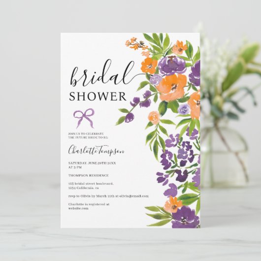 Spring Boho Paarse Sinaasappel Floral vrijgezellen Kaart (Staand voorkant)