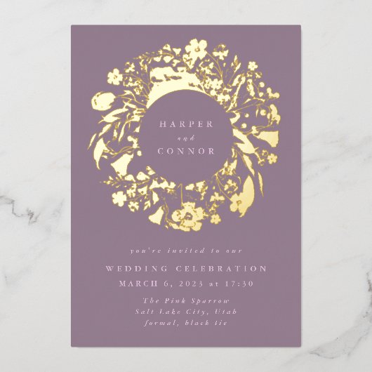 Spring Boho Wildflower Pampas Wreath Wedding Folie Uitnodiging (Voorkant)