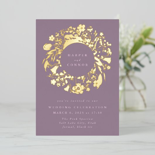 Spring Boho Wildflower Pampas Wreath Wedding Folie Uitnodiging (Staand Voorkant)