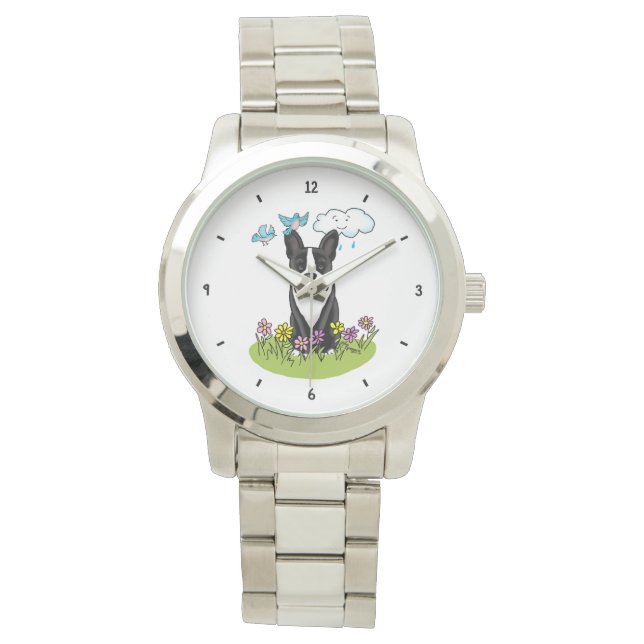 Spring Boston Terrier (zwarte hond) Horloge (Voorkant)