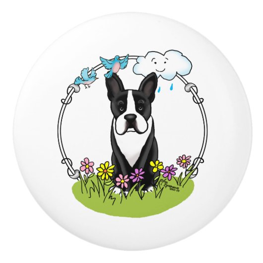 Spring Boston Terrier (zwarte hond) Keramische Knop (Voorkant)