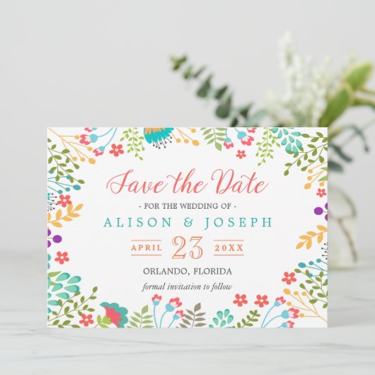 Spring Botanical Floral Turquoise | Datum opslaan Save The Date (Staand voorkant)