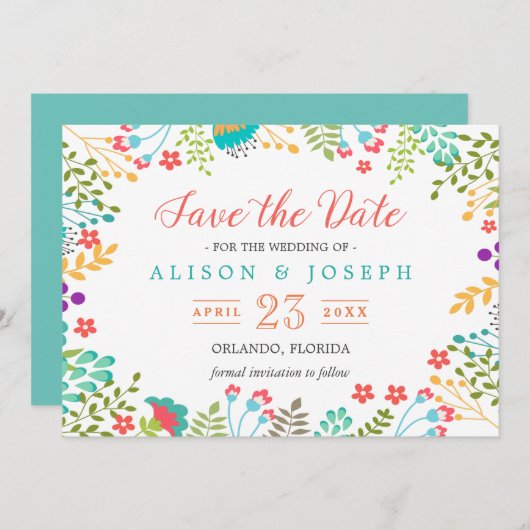 Spring Botanical Floral Turquoise | Datum opslaan Save The Date (Voorkant / Achterkant)