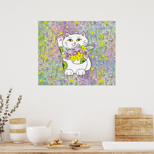 Spring Bouquet Maneki Neko (Lucky Cat) Poster (Keuken)