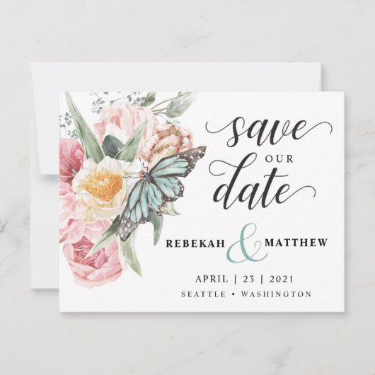 Spring Bouquet | Tulpen en Waterverf van de vlinde Save The Date (Voorkant)