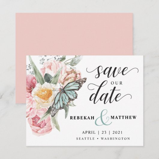 Spring Bouquet | Tulpen en Waterverf van de vlinde Save The Date (Voorkant / Achterkant)