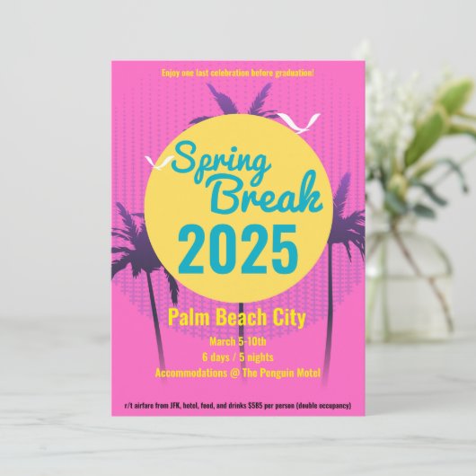 Spring Break Palm Tree Invitation Roze Kaart (Staand voorkant)