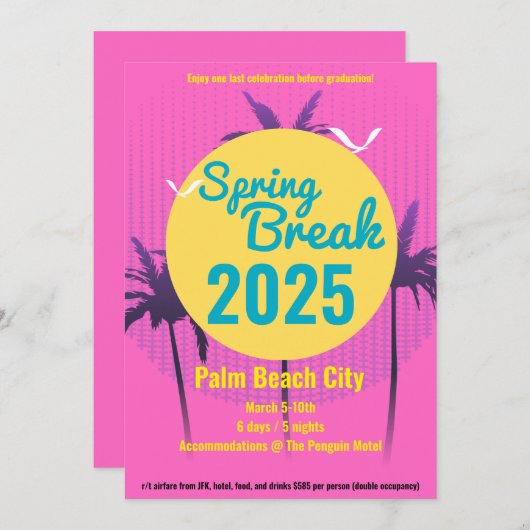 Spring Break Palm Tree Invitation Roze Kaart (Voorkant / Achterkant)