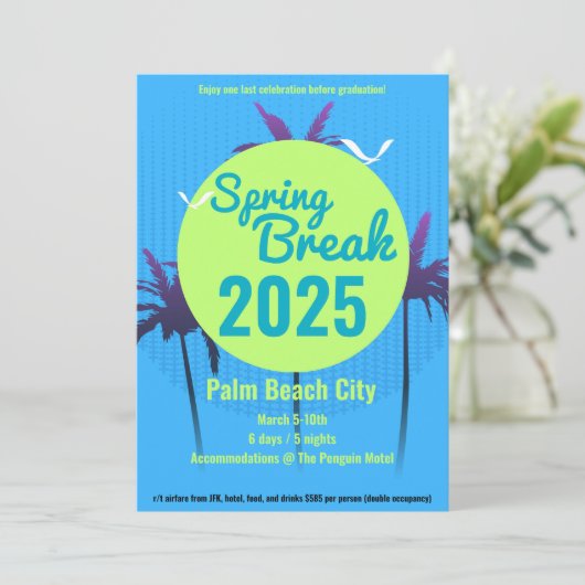 Spring Break Palm Tree Uitnodiging Blauw (Staand voorkant)