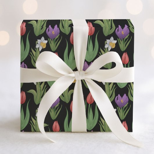 Spring Bulbs Bloemen Illustratie op Zwart Cadeaupapier