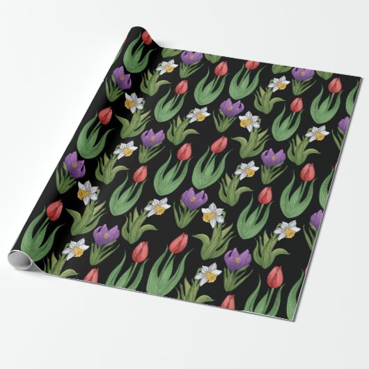 Spring Bulbs Bloemen Illustratie op Zwart Cadeaupapier (Uitgerold)