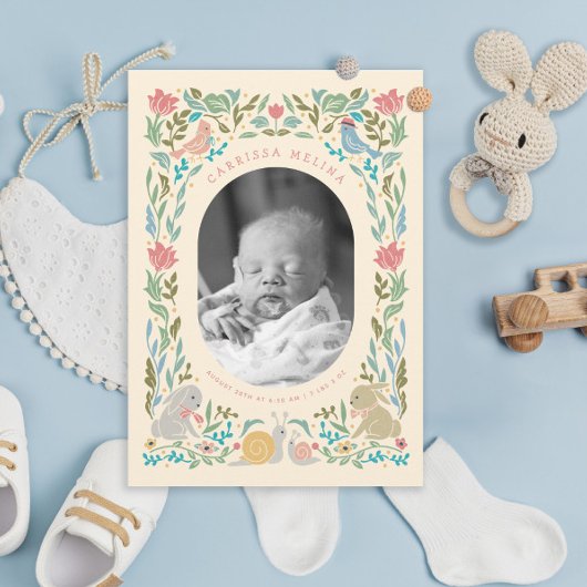 Spring Bunnies Birds Snail Pastel Foto Geboorte Kaart