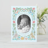 Spring Bunnies Vogels Slak Blauw Foto Geboorte Kaart (Staand voorkant)