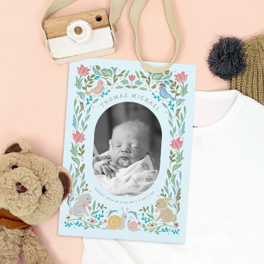 Spring Bunnies Vogels Slak Blauw Foto Geboorte Kaart