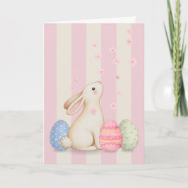 Spring Bunny and Eggs Pink Stripes 5x7 Easter Card Bedankkaart