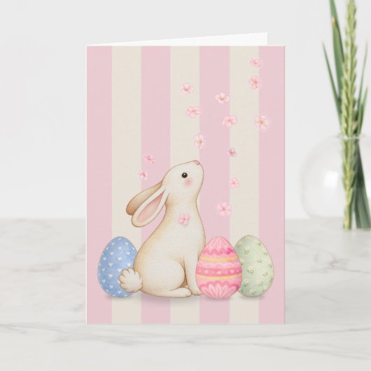 Spring Bunny and Eggs Pink Stripes 5x7 Easter Card Bedankkaart (Voorkant)