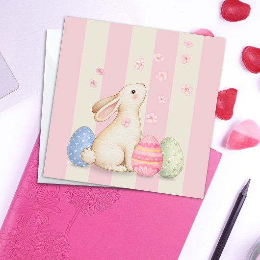 Spring Bunny and Eggs Stripes Square Easter Card Kaart